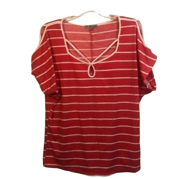 Striped Red Top Cold Shoulder Tunic Blouse Keyhole Womens Casual - Picture 1 of 10